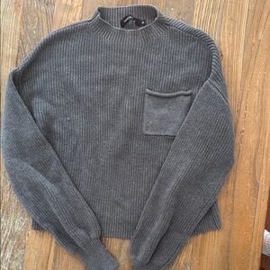 Charcoal Gray Ribbed Crewneck Sweater with Cropped Length